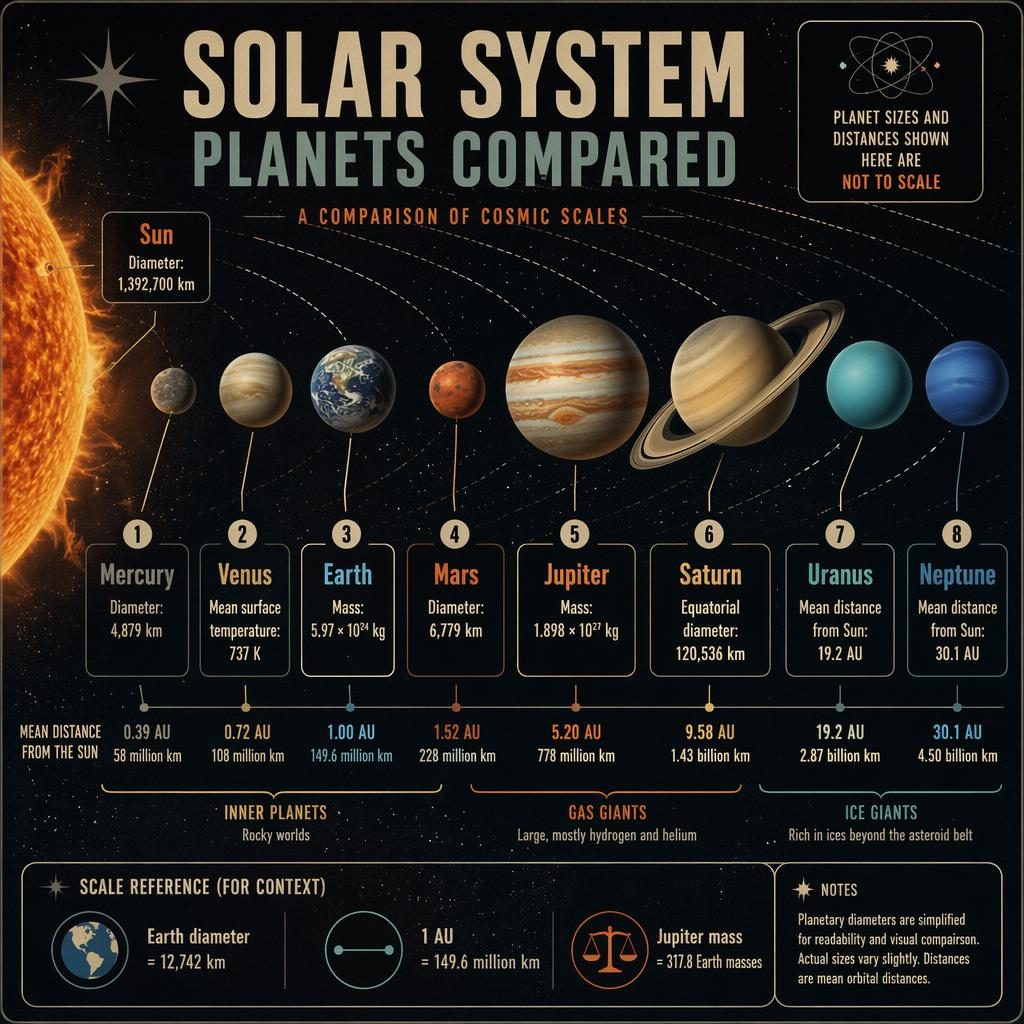 Retro astronomy infographic comparing the Sun and 8 planets with labels, facts, distance bars, and not-to-scale notes.
