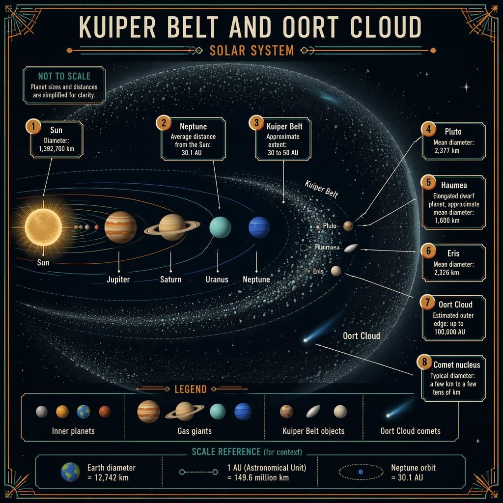 Outer Solar System infographic with Sun, giant planet orbits, Kuiper Belt ring, Oort Cloud shell, and labeled facts.