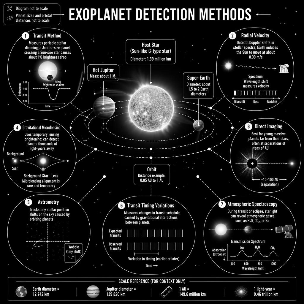 Black-and-white exoplanet detection infographic with orbital layout, host star, planets, spectra, light curve, and 7 method callouts.