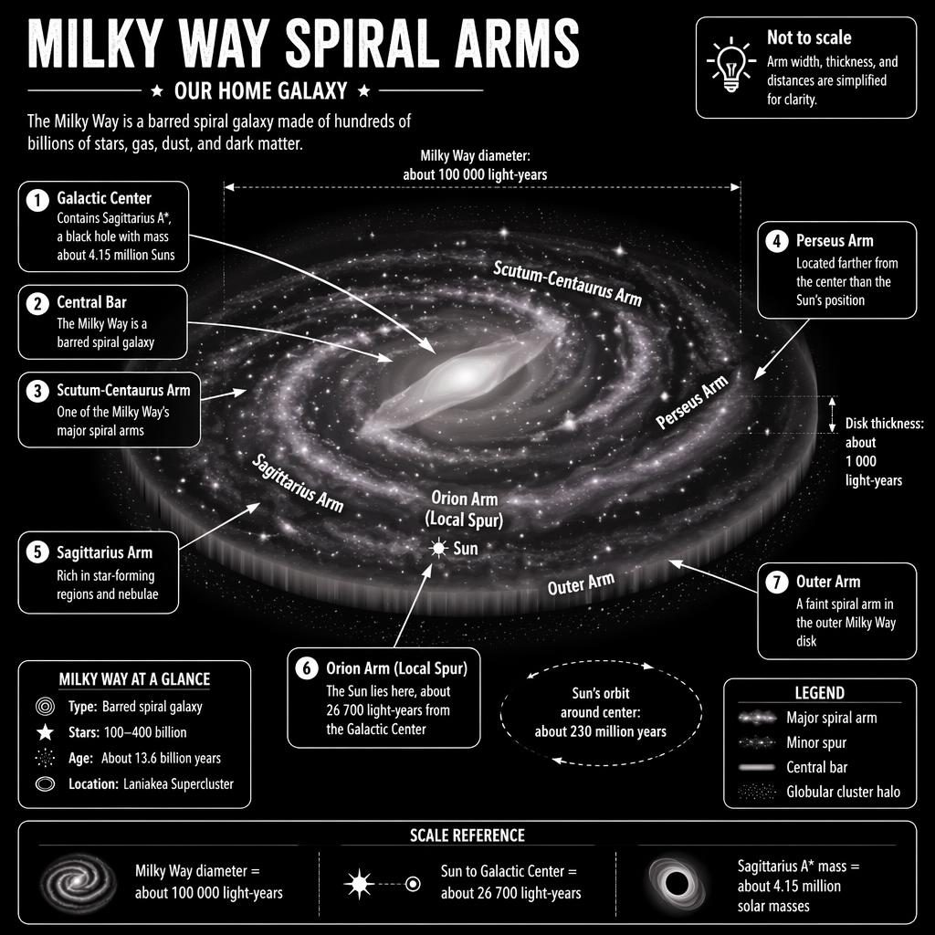 Black-and-white kids astronomy infographic of the Milky Way spiral arms with 7 labeled callouts, scale notes, legend, and Sun