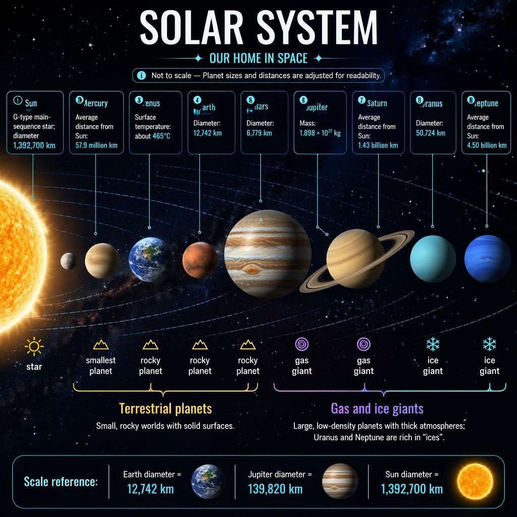 Szeroka infografika układu słonecznego z Słońcem i ośmioma planetami, podpisami po angielsku, orbitami i sekcją not to scale.