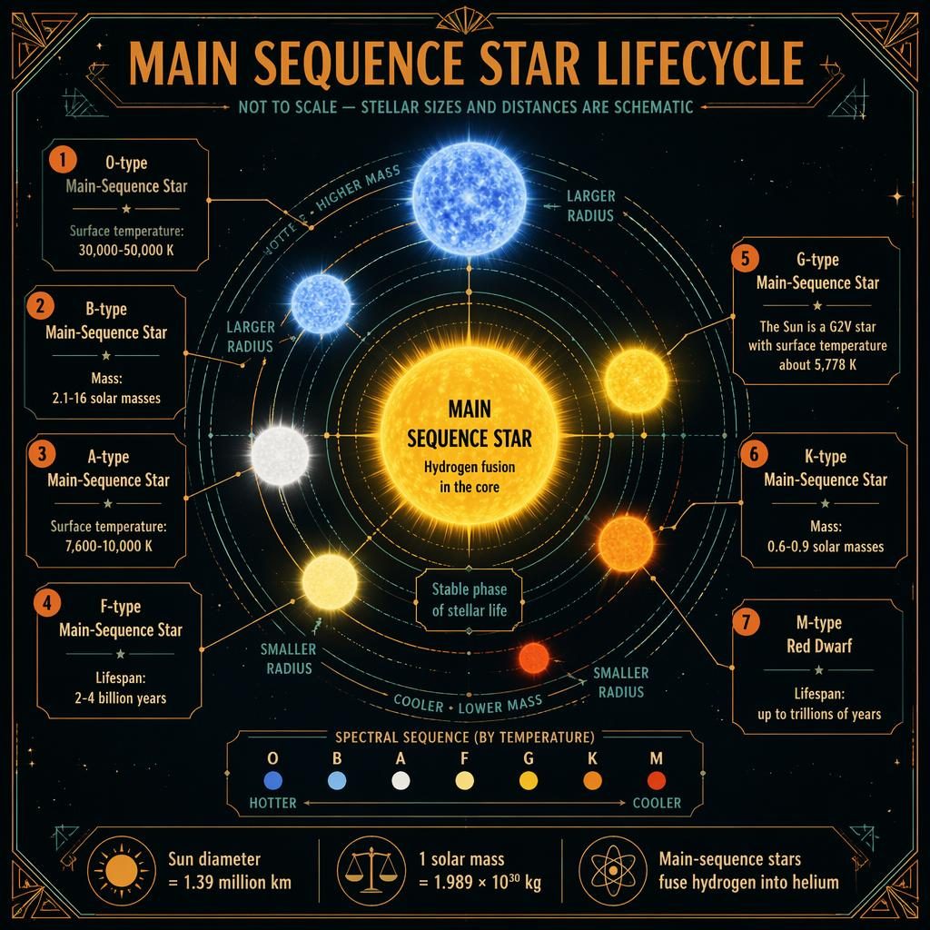 Astronomy infographic with a central main sequence star, orbit-like rings, seven labeled star types, and not-to-scale note.