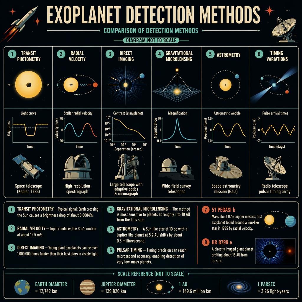 Retro dark-mode astronomy infographic comparing exoplanet detection methods with stars, planets, spectra, light curves, and labels.