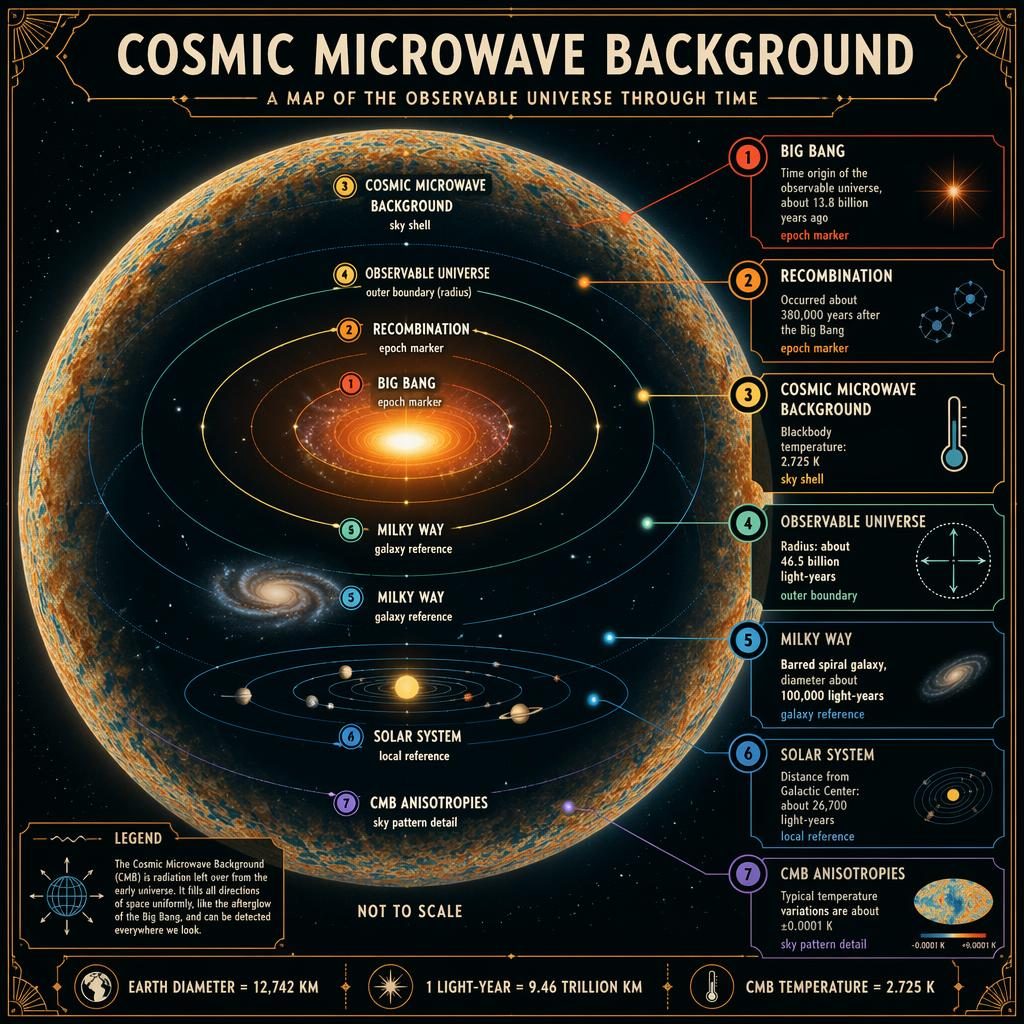 Art-deco astronomy infographic of the Cosmic Microwave Background with concentric rings, labeled epochs, CMB sky shell, and legend.
