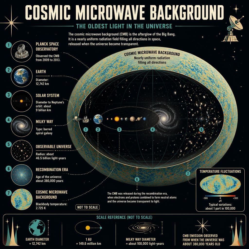 Retro space-age infographic comparing Earth, Solar System, Milky Way, observable universe, and the cosmic microwave background.