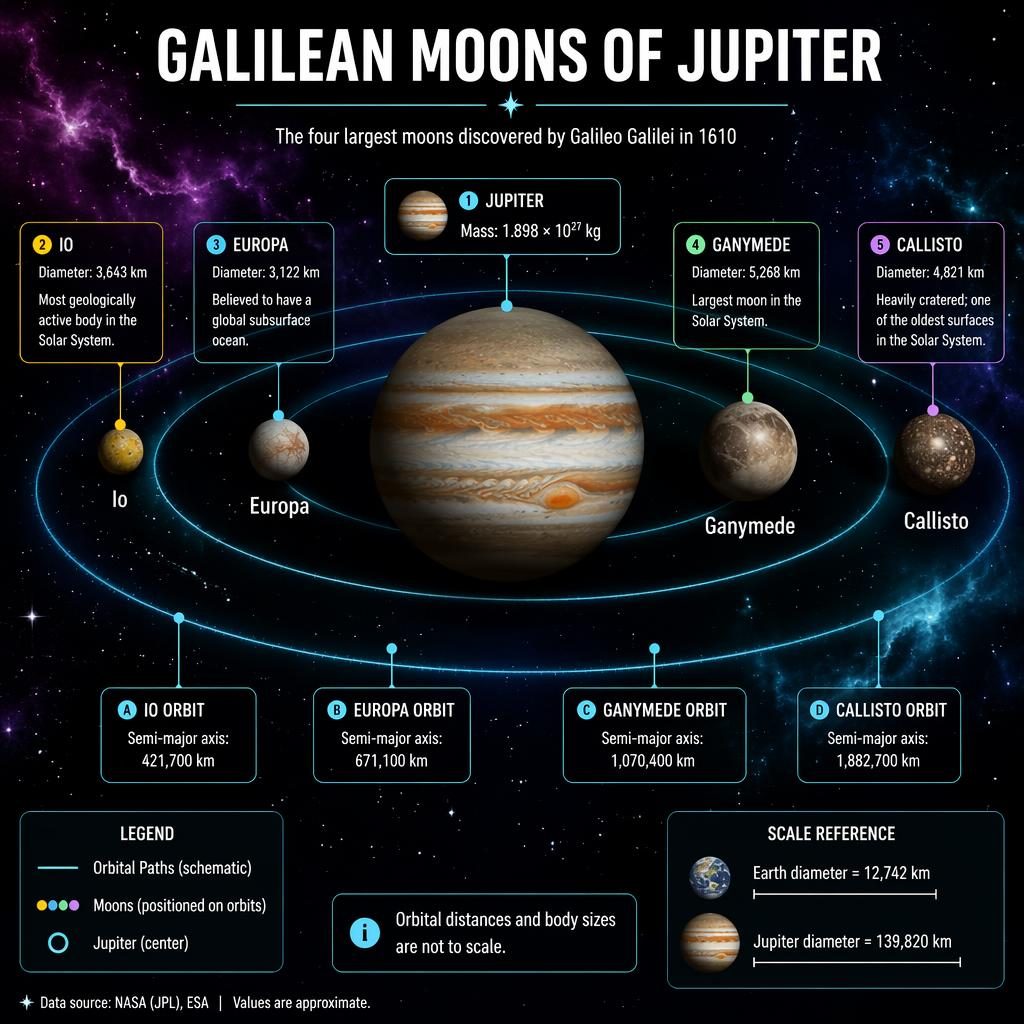 Astronomy infographic of Jupiter with Io, Europa, Ganymede, and Callisto on labeled orbit paths against a purple-cyan nebula background.