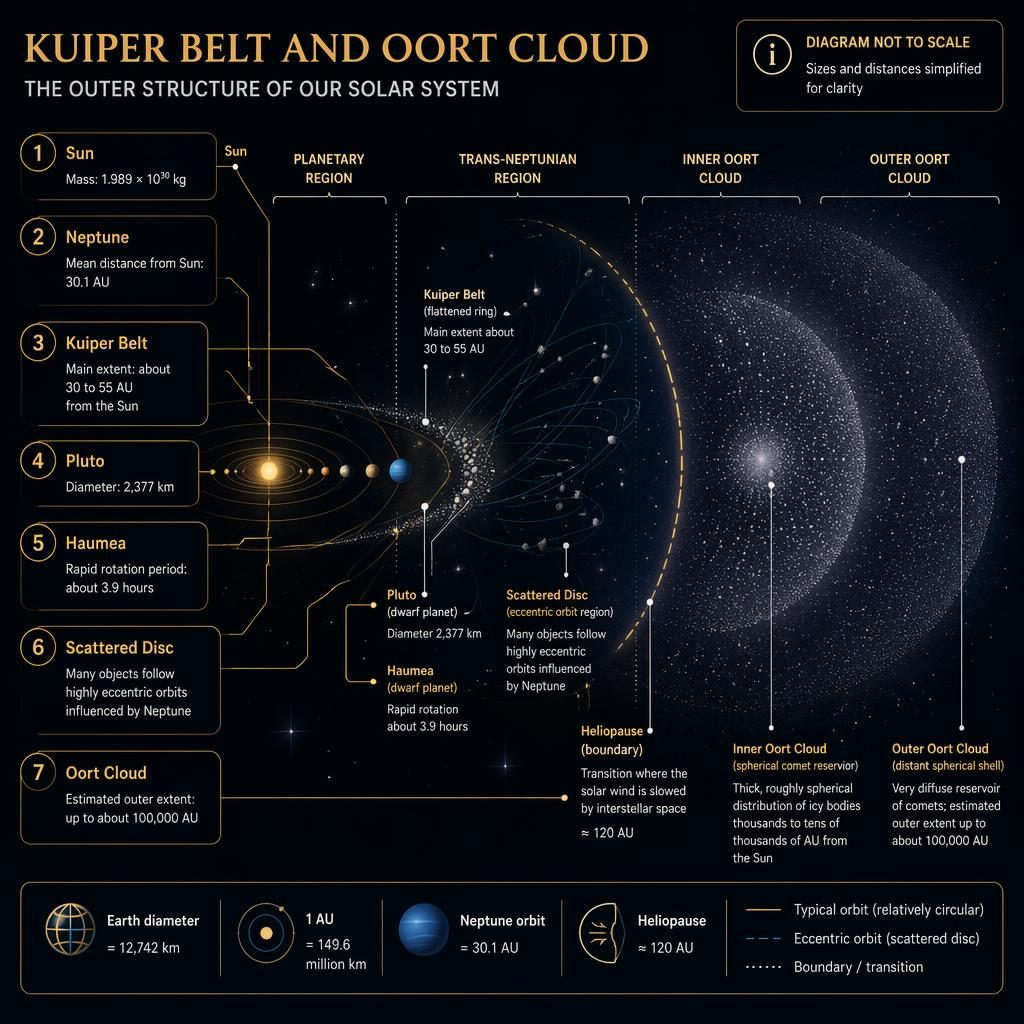 Dark astronomy infographic showing the Sun, outer Solar System, Kuiper Belt, scattered disc, heliopause, and Oort Cloud.