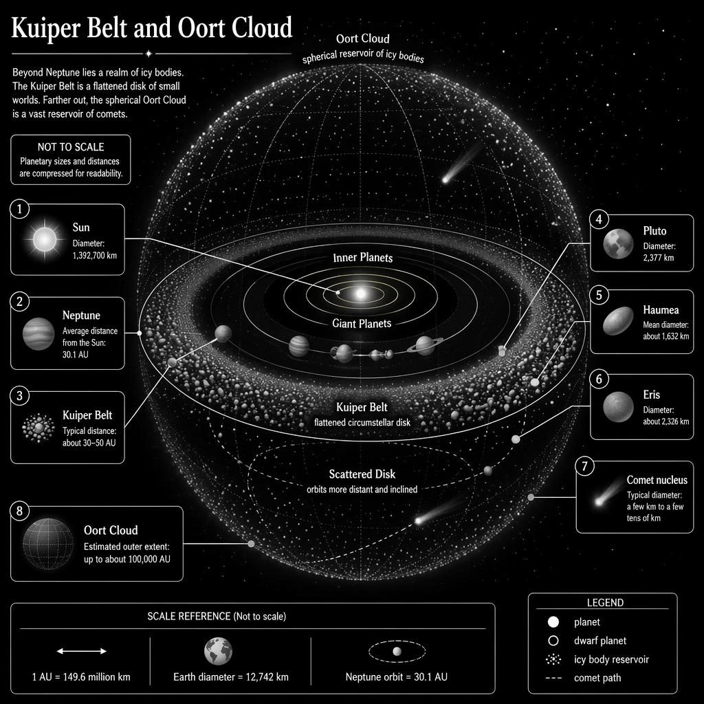 Black and white astronomy infographic of the Solar System, Kuiper Belt, scattered disk, and Oort Cloud with labeled facts.