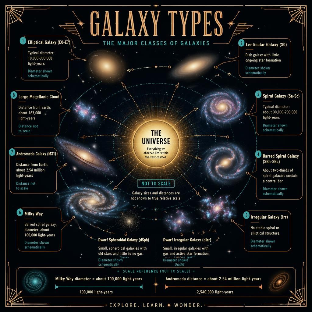 Astronomy infographic of galaxy types in a solar-system-style layout with labeled galaxy classes, callouts, and not-to-scale notes.