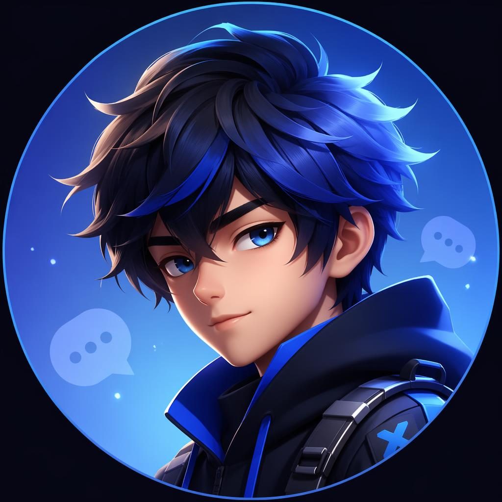 Gestileerde originele avatar met expressieve ogen, strak gezicht en koele blauwe achtergrond in gamingstijl.