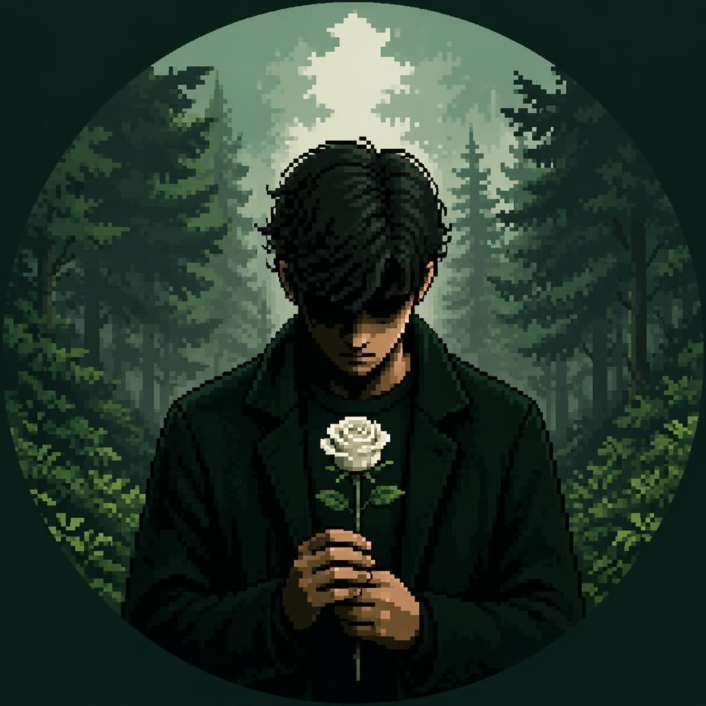 Retrato avatar centrado en pixel art retro, tonos verde bosque y blanco suave, estilo misterioso y nítido.