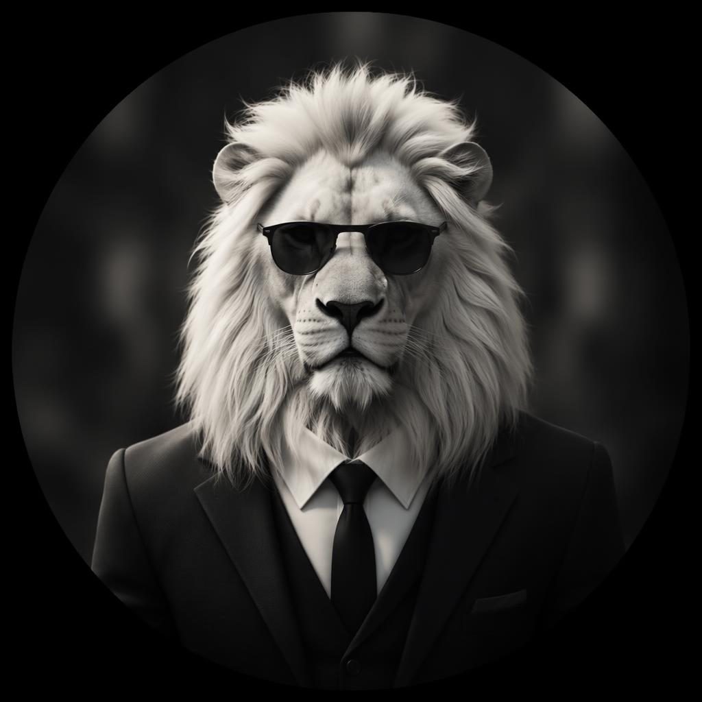 Centered monochrome animal avatar with a serious professional expression in flat illustration style on a blurred background.