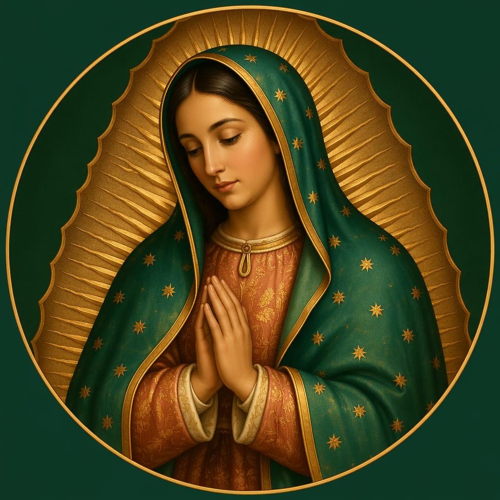 Avatar centrado inspirado en la Virgen de Guadalupe, estilo art déco, tonos verde bosque y fondo liso
