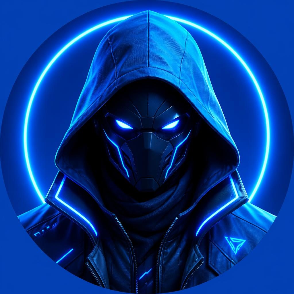 Centered stylized cyberpunk avatar with neon blue lighting, warm expression, solid background, sharp profile picture crop