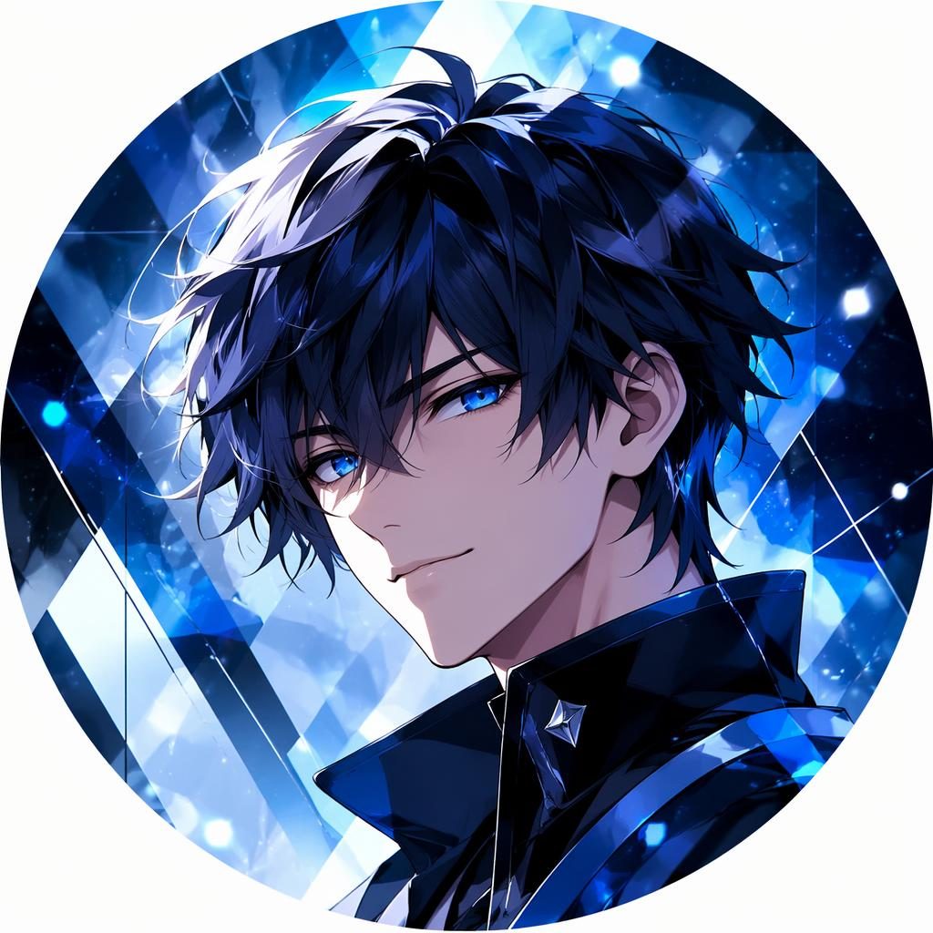 Centered anime-style avatar with abstract geometric shapes, cool blue tones, soft bokeh, and a confident friendly expression.