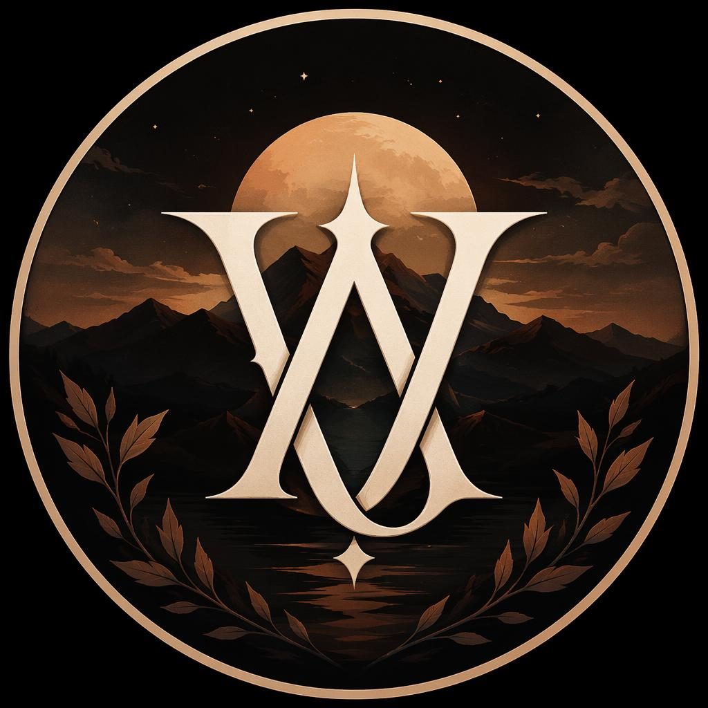 Flat illustrated monogram avatar in warm earth tones with a moody mysterious feel, centered for circular profile crops.