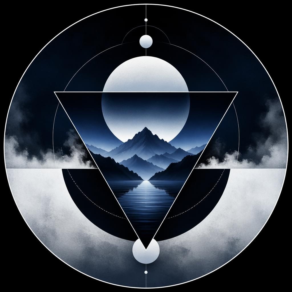 Abstract geometric black-and-white avatar with cool blue tones, centered minimalist composition, sharp profile picture style