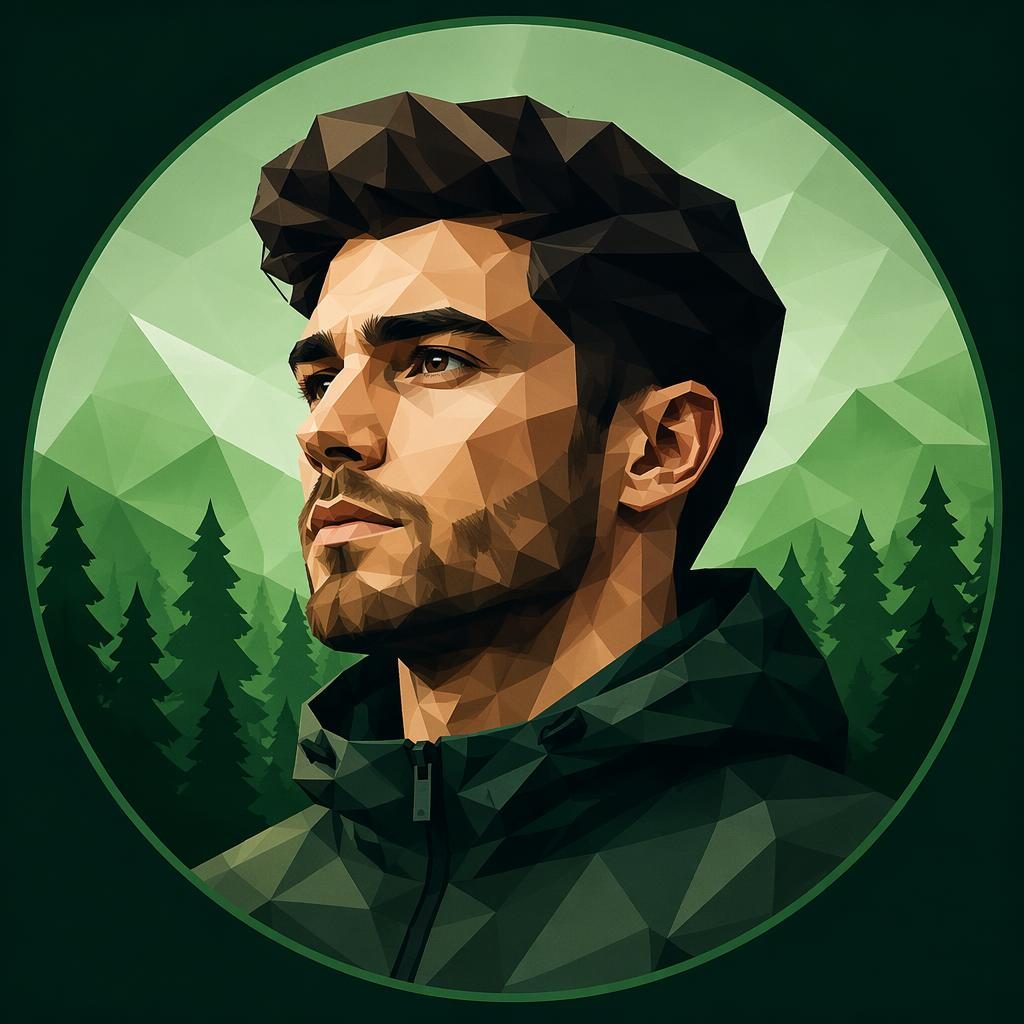 Centered low-poly geometric human portrait in forest green with a soft gradient, sharp focus, clean avatar crop.