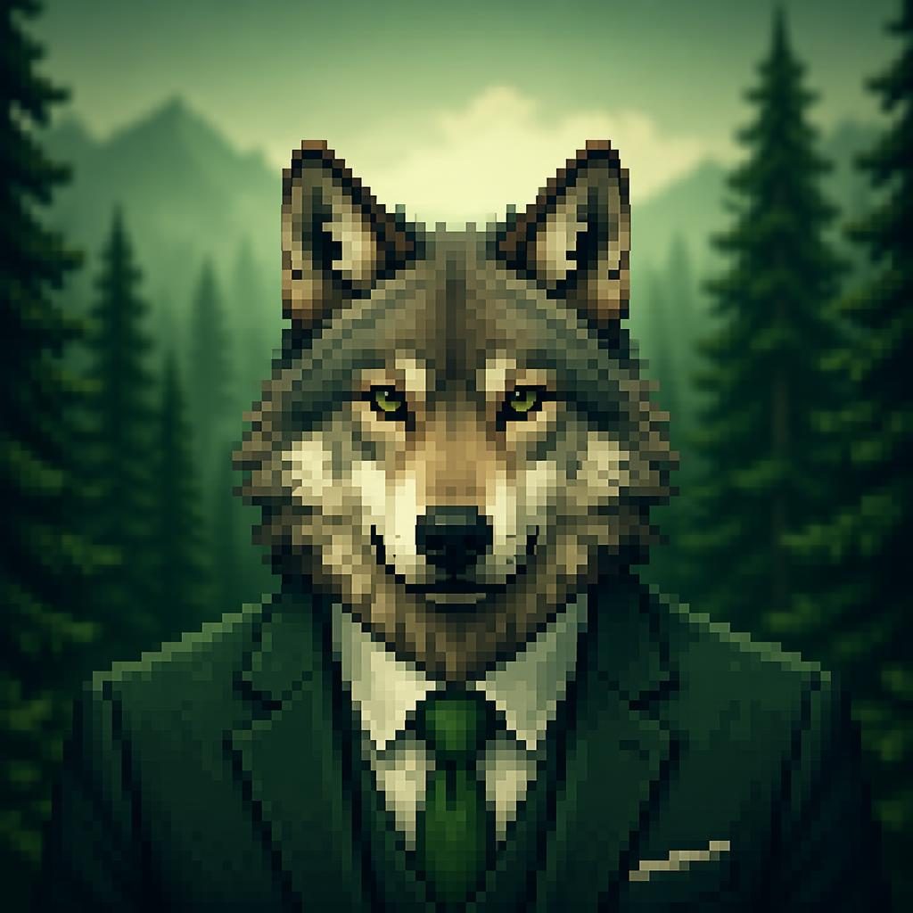 Avatar de animal en pixel art retro, centrado, con expresión seria y paleta verde bosque sobre fondo desenfocado.