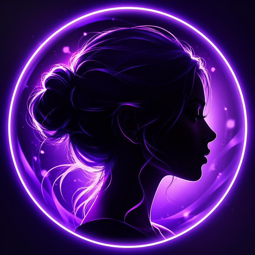 Avatar de criatura mascota cyberpunk en tonos púrpura real, centrado, con efecto de perfil silueta de rostro de mujer
