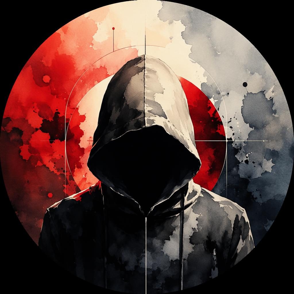 Abstract geometric watercolor portrait avatar with a serious professional mood, bold high-contrast colors, and blurred background.