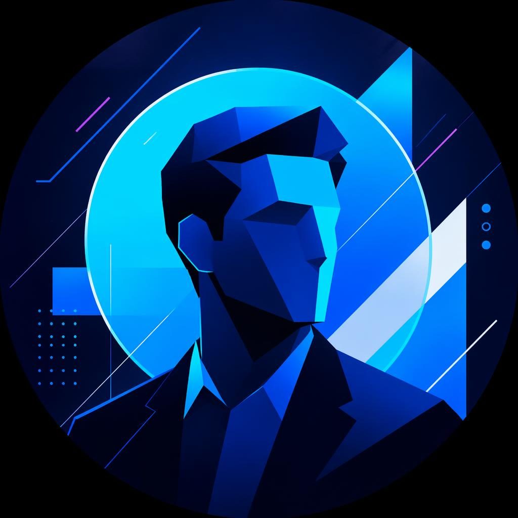 Avatar abstrait géométrique aux néons bleus, composition centrée, style cyberpunk ludique, fond épuré.