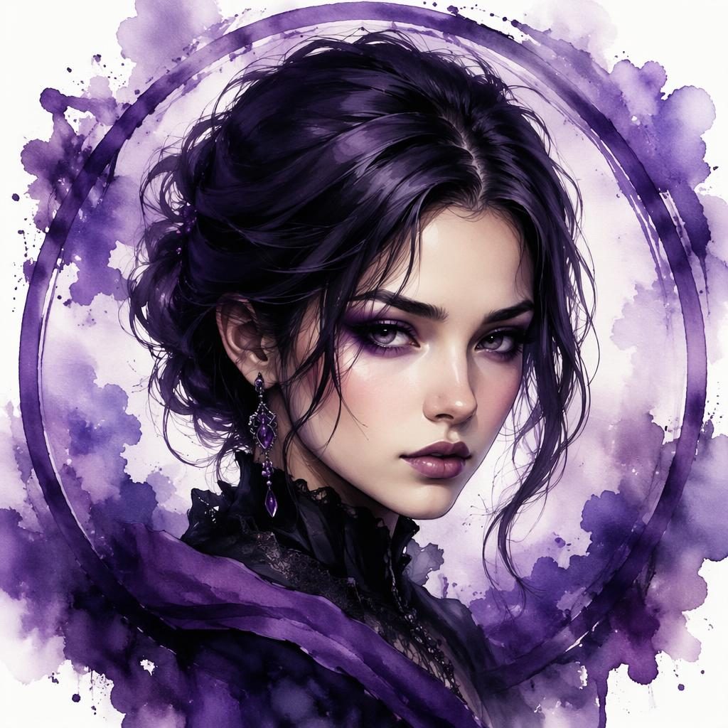 Stylizovaný akvarelový avatar na střed, tajemná nálada, královsky fialová paleta a jemná bílá