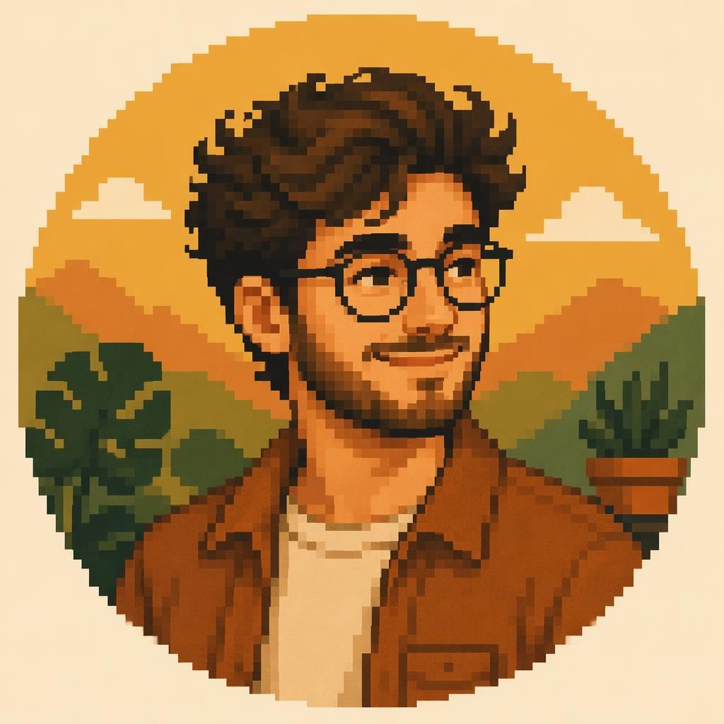 Portrait humain centré en pixel art rétro, palette terre chaude, style plat abstrait, cadrage net pour avatar.