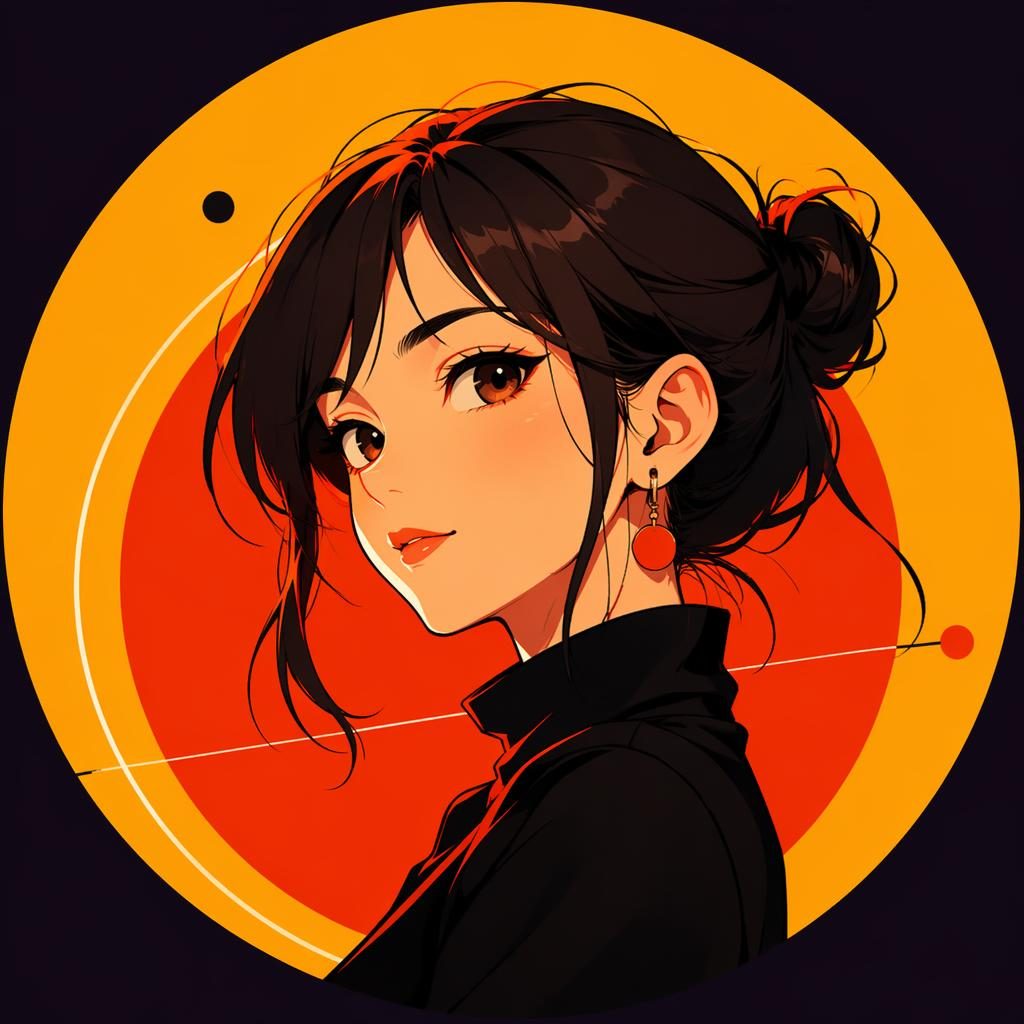 Abstract anime-style avatar with geometric shapes, warm welcoming colors, bold contrast, centered on a solid background.