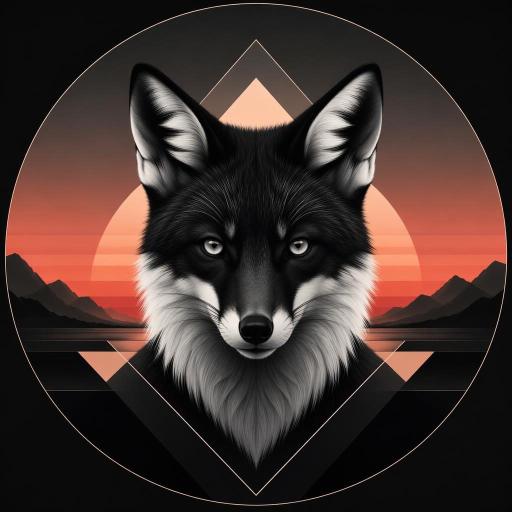 Avatar de criatura mascota en blanco y negro, centrada, con patrón geométrico y fondo degradado de atardecer.