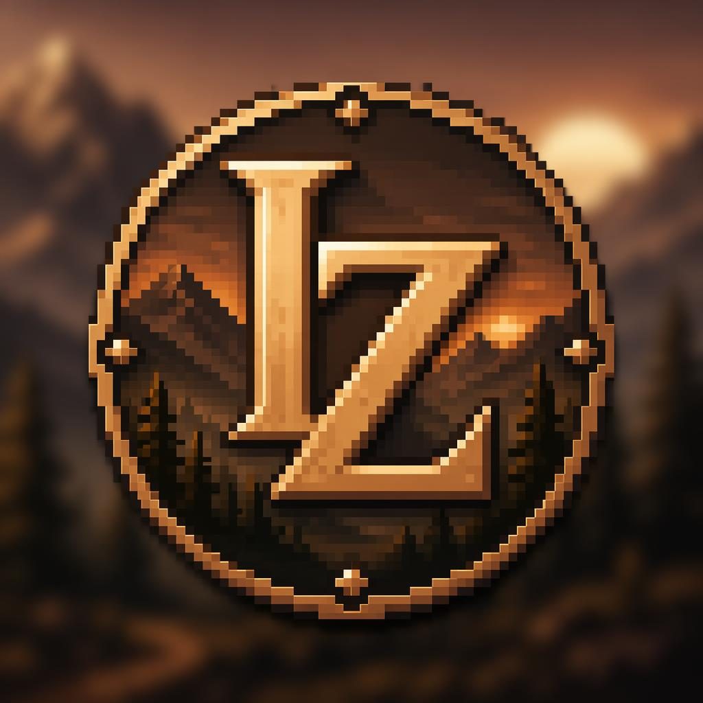Retro pixel art profile avatar with centered monogram styling, warm earth tones, blurred background, and a serious professional look.