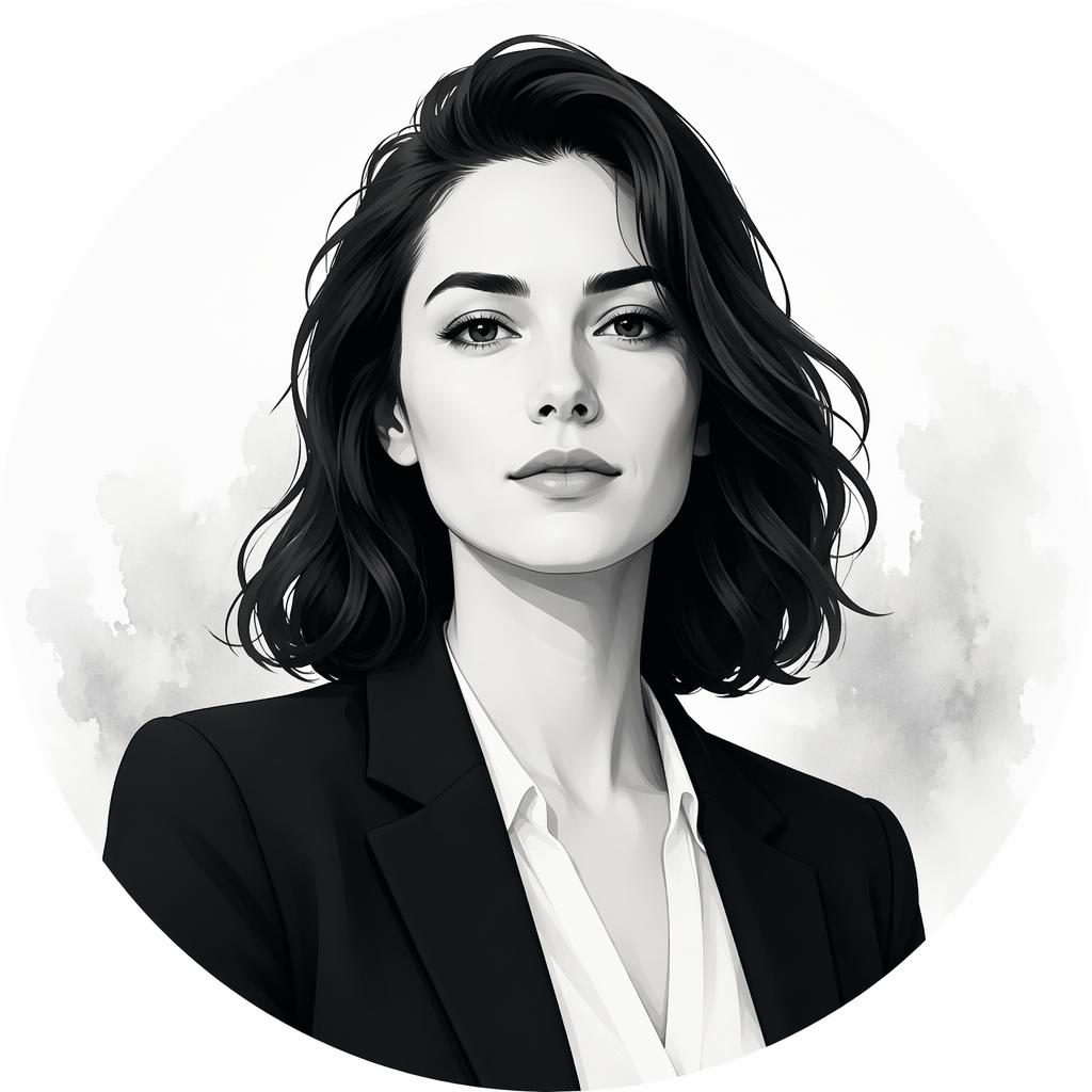 Centered monochrome flat illustration portrait with a moody expression, clean crop, and transparent white feel