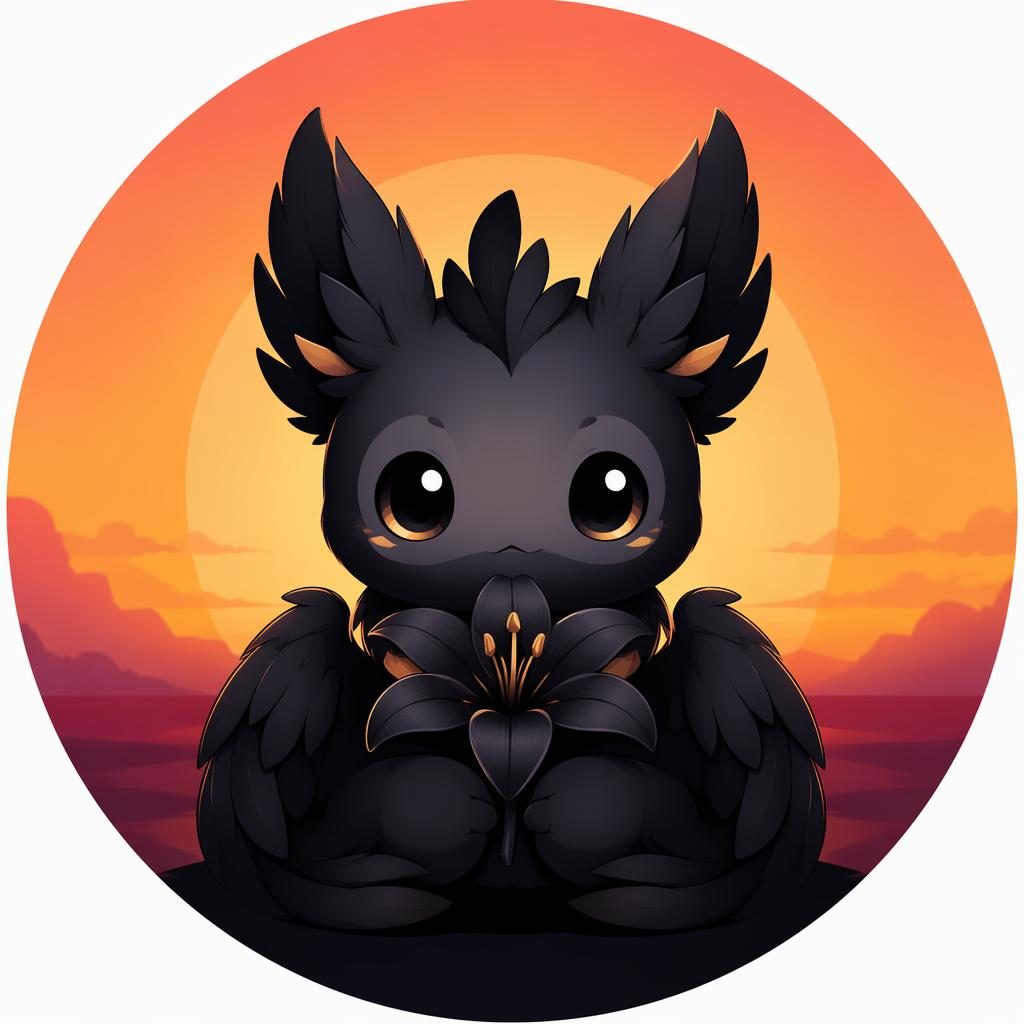 Avatar anime de criatura mascota centrada, fondo liso con degradado de atardecer y expresión cálida en tono de luto.