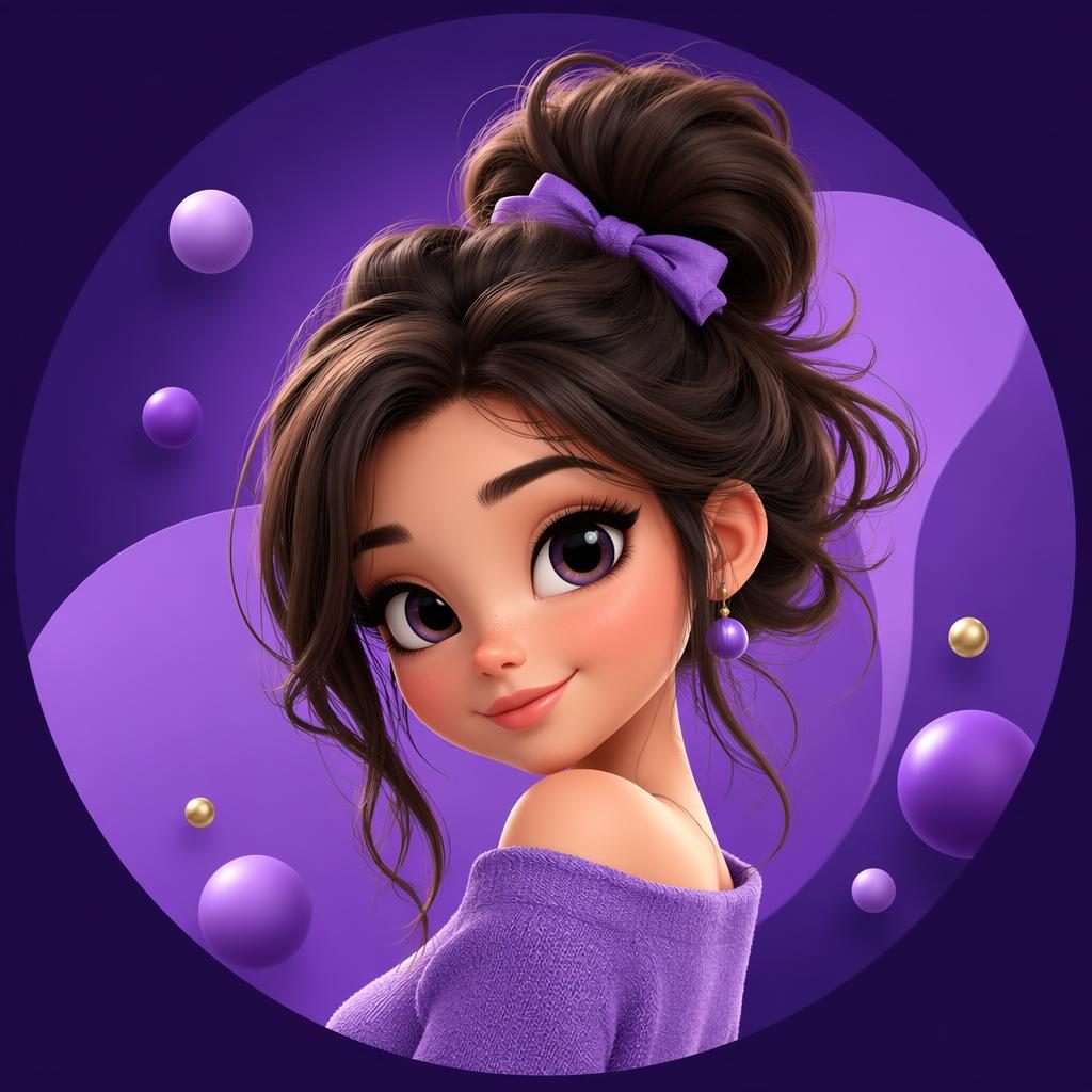 Avatar de personaje estilizado en 3D estilo Pixar, centrado, con paleta morado real y fondo abstracto plano.
