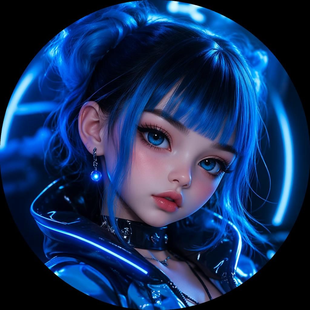 Avatar ilustrado de personaje estilizado con estética cyberpunk, tonos azules neón y fondo degradado suave.