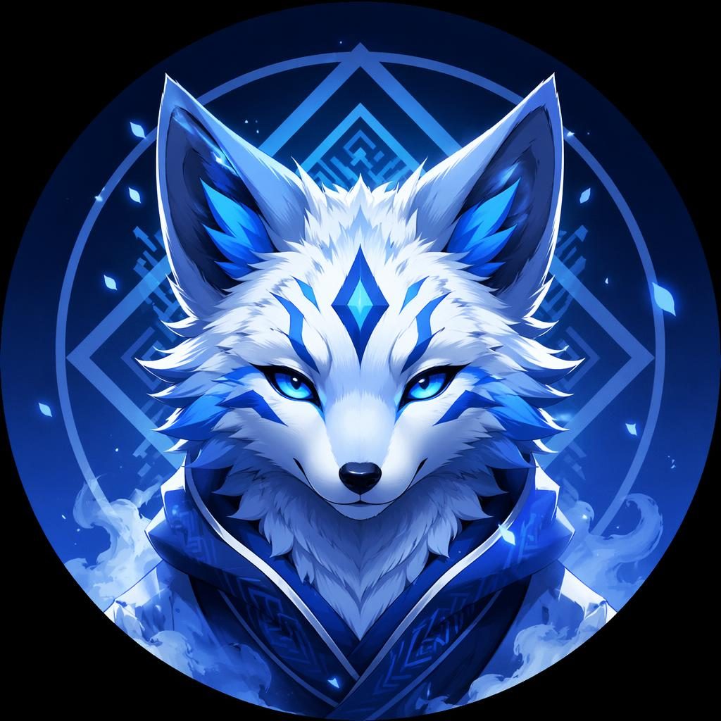 Avatar de criatura mascota estilo anime, centrado, en tonos azules fríos con patrón geométrico y fondo limpio.
