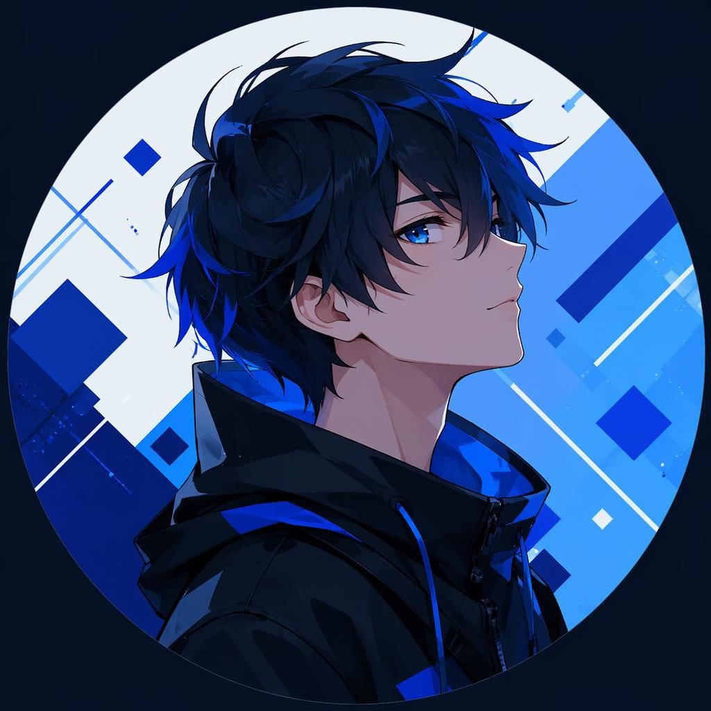 Centered abstract anime-style avatar with geometric shapes in a cool blue palette, sharp flat design, clean profile picture crop.