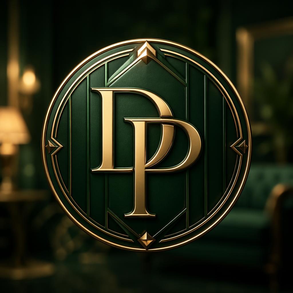 Centered art deco monogram avatar in forest green with a blurred background, sharp focus, and clean profile picture crop.