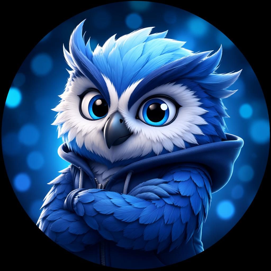Centered 3D pixar-style mascot avatar with a confident friendly expression in cool blue tones and soft bokeh background.