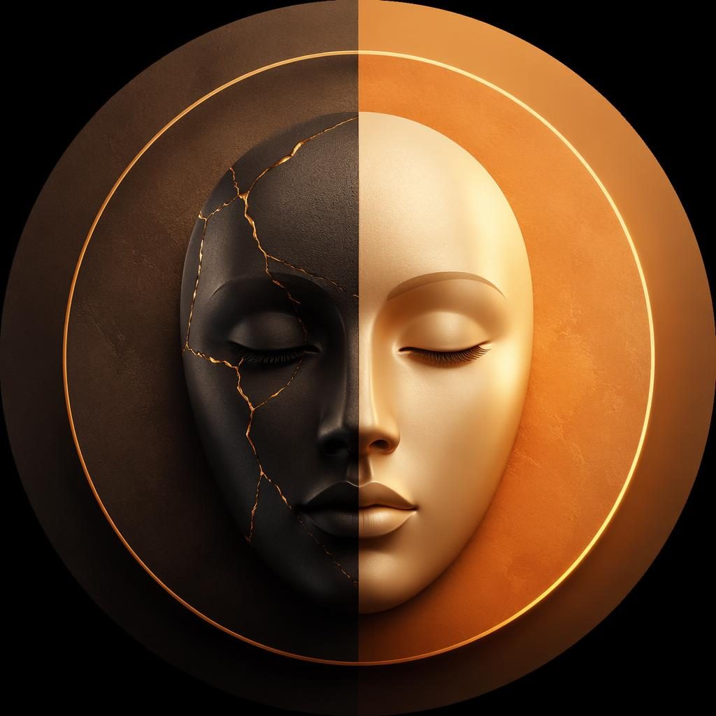 Zentrierter moderner Avatar mit monogrammähnlicher 3D-Gesichtsform, warmen Erdtönen und weichem Farbverlauf.