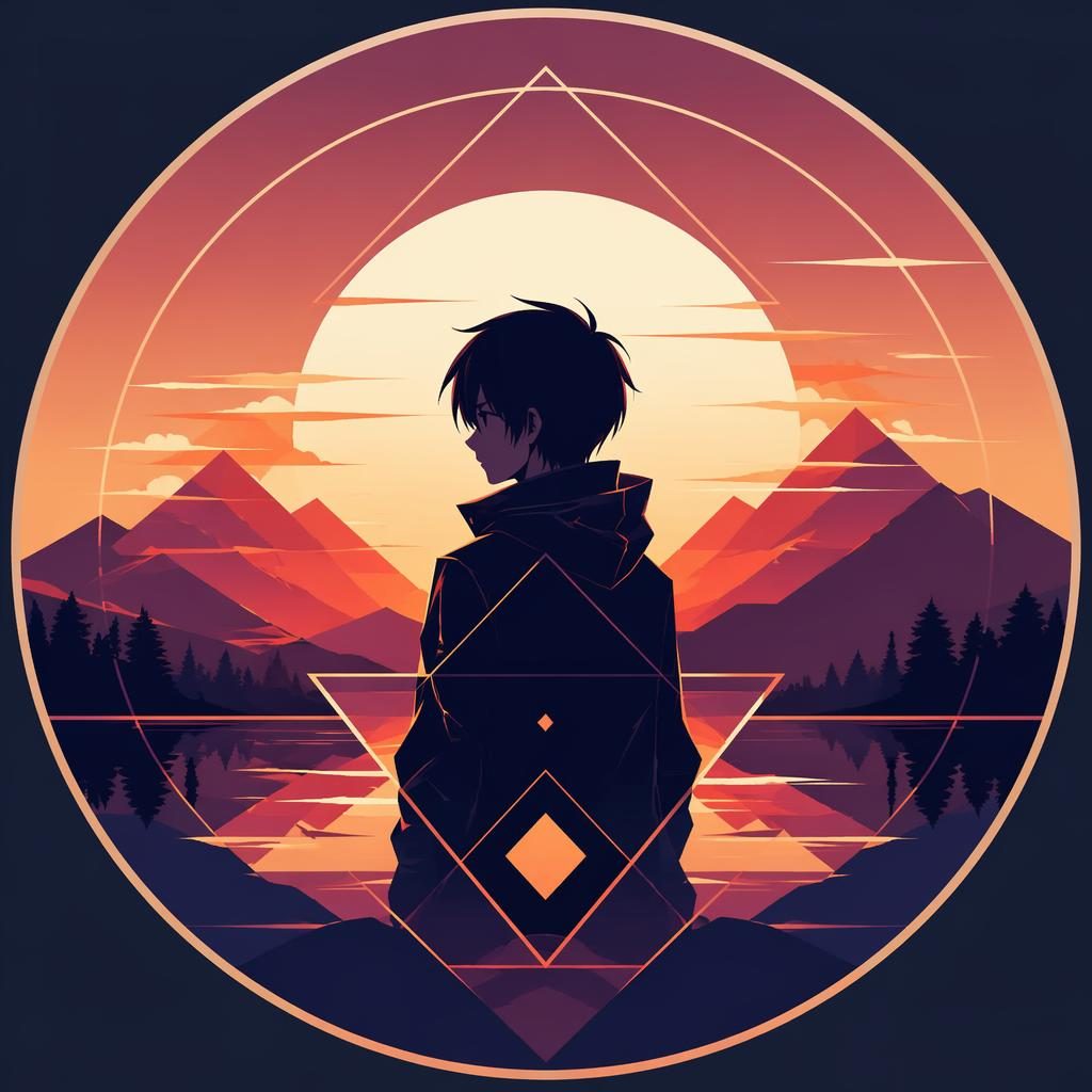 Avatar abstracto estilo anime con formas geométricas, paleta degradada de atardecer y composición centrada minimalista.