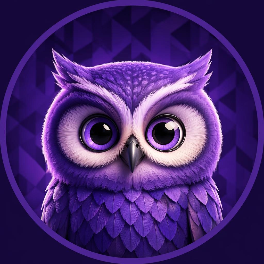 Centered 3D Pixar-style mascot avatar in royal purple with geometric pattern, calm minimal look, sharp focus.
