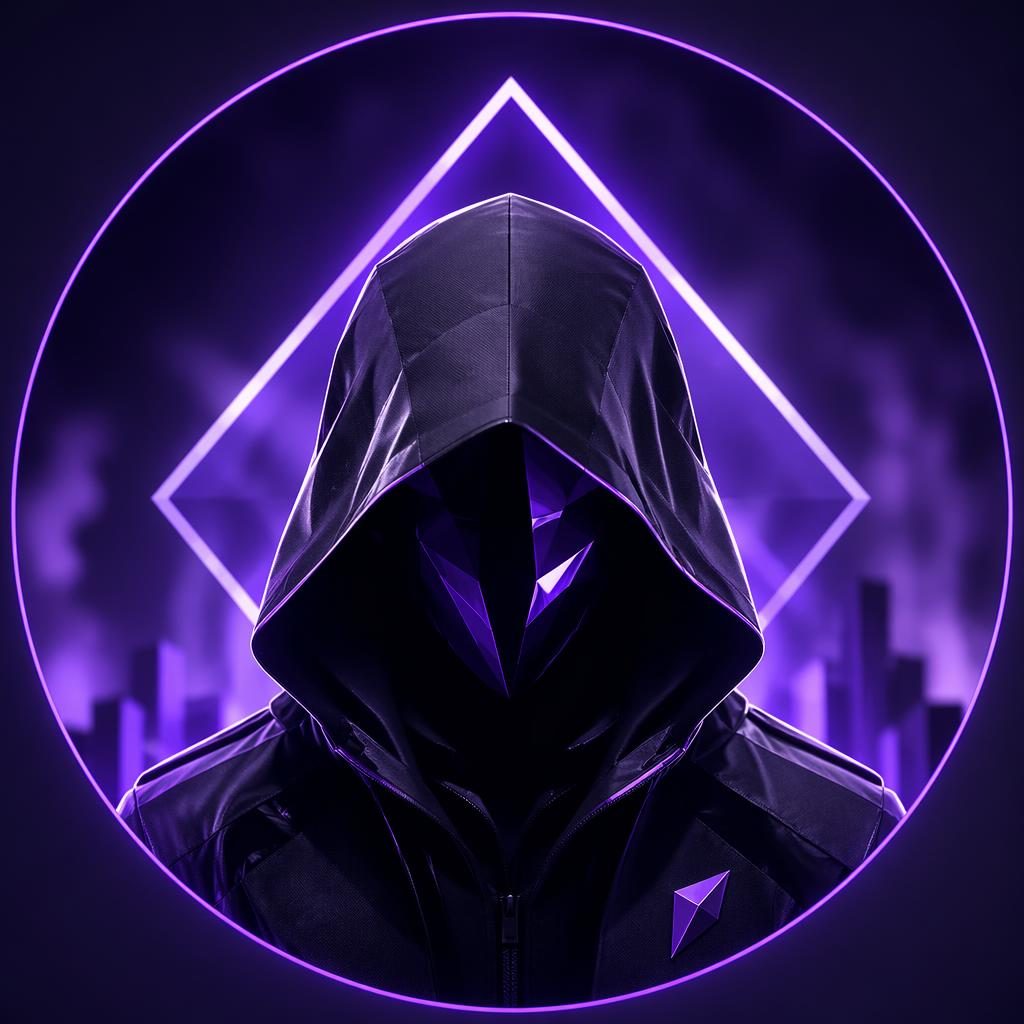 Avatar abstracto geométrico estilo cyberpunk en tonos púrpura, centrado, nítido y profesional sobre fondo desenfocado.