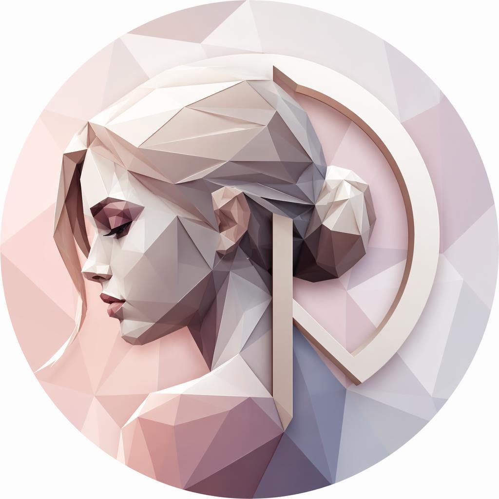 Avatar centrado con monograma geométrico low poly, paleta pastel suave, fondo blanco translúcido y estilo misterioso
