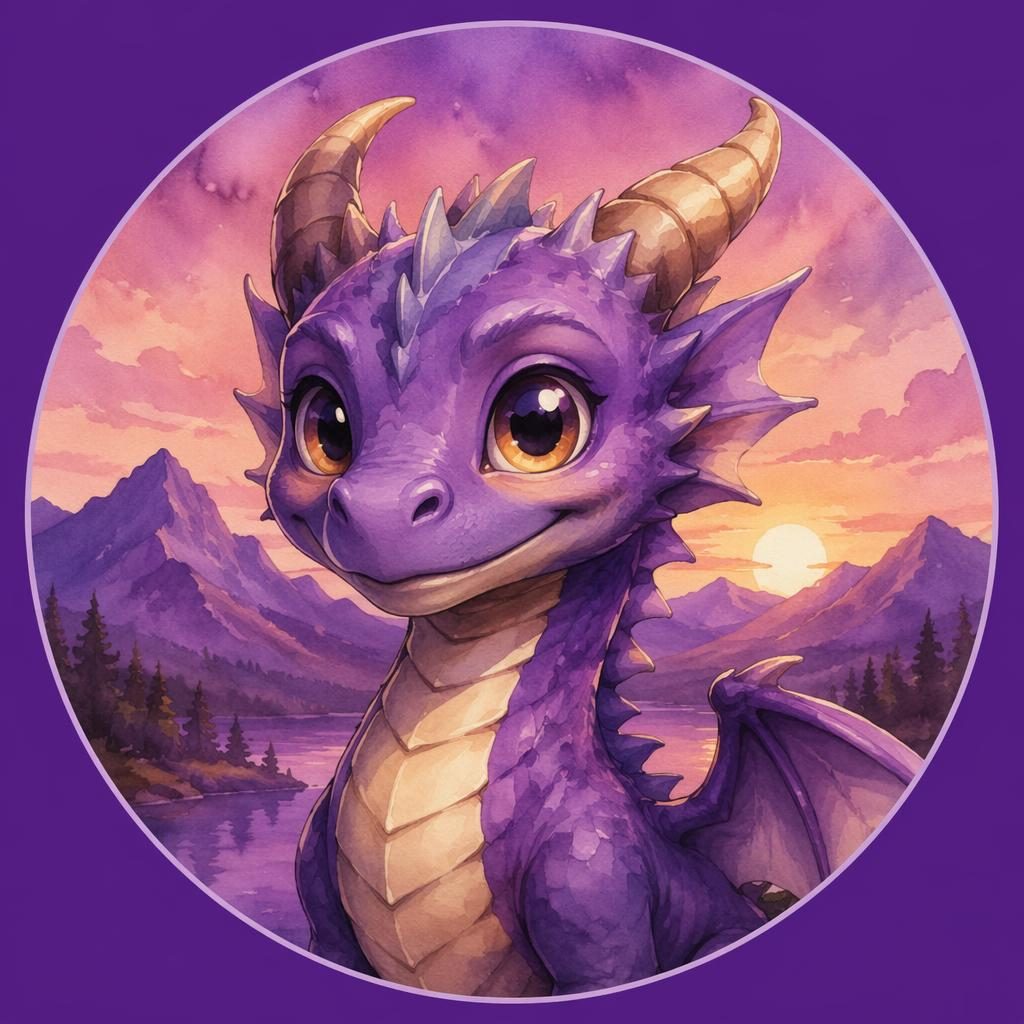 Avatar centrado de criatura mascota en acuarela, tonos púrpura real, fondo liso y encuadre limpio.