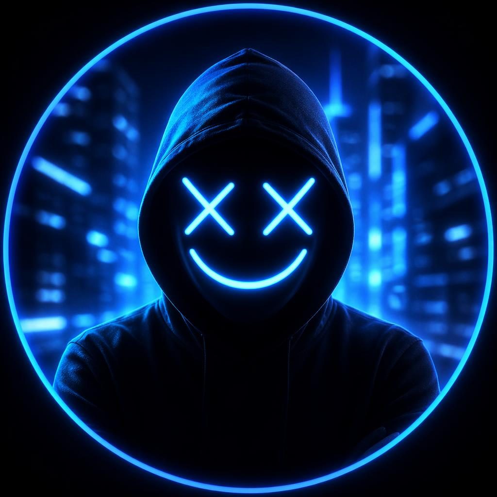 Avatar abstracto geométrico estilo cyberpunk en tonos azules, centrado, con fondo borroso y aspecto profesional serio.