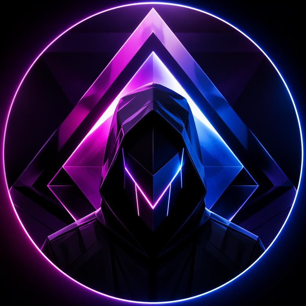 Avatar abstrait géométrique néon cyberpunk centré, contraste fort, fond blanc translucide, rendu net et mystérieux