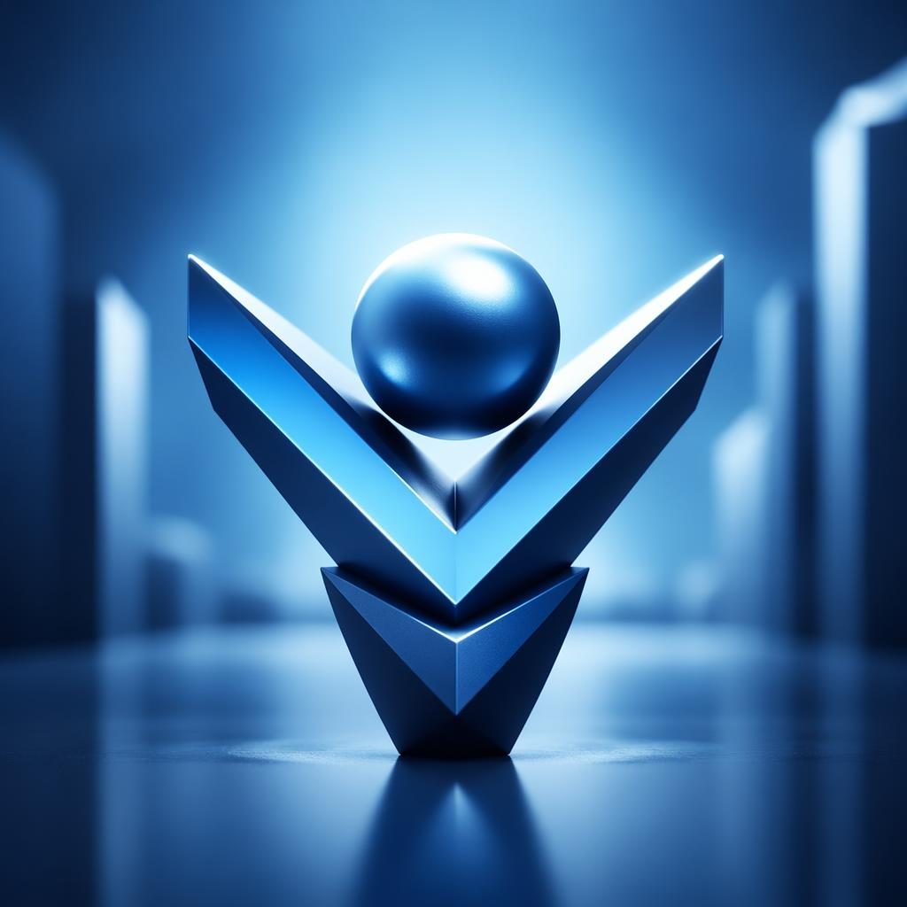 Centered abstract 3D Pixar-style avatar with geometric shapes, cool blue tones, serious professional mood, blurred background