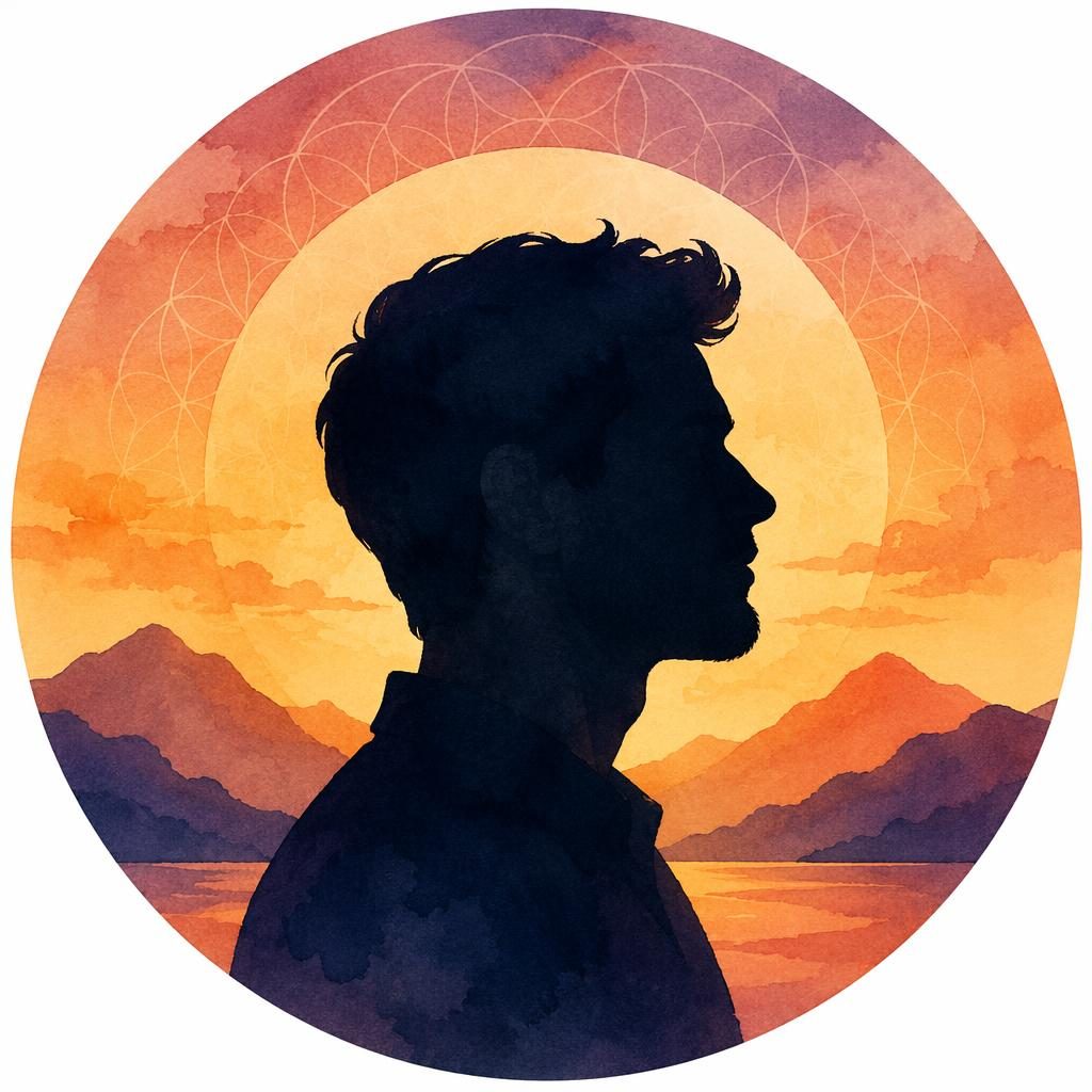 Avatar de criatura mascota en acuarela con silueta hombre perfil, centrado, fondo degradado de atardecer y patrón geométrico.