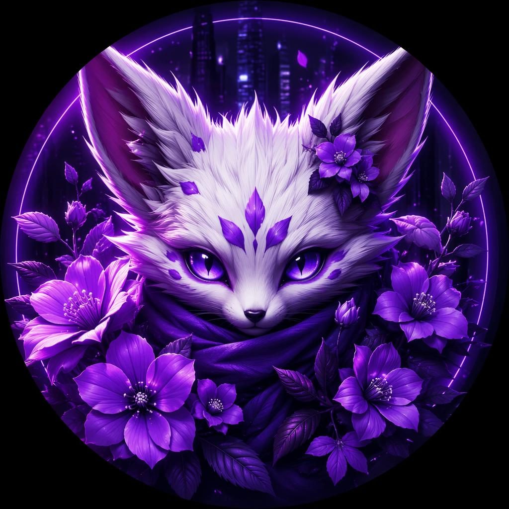 Avatar de criatura mascota con estética cyberpunk en tonos púrpura neón y blanco, centrado y nítido para perfil.